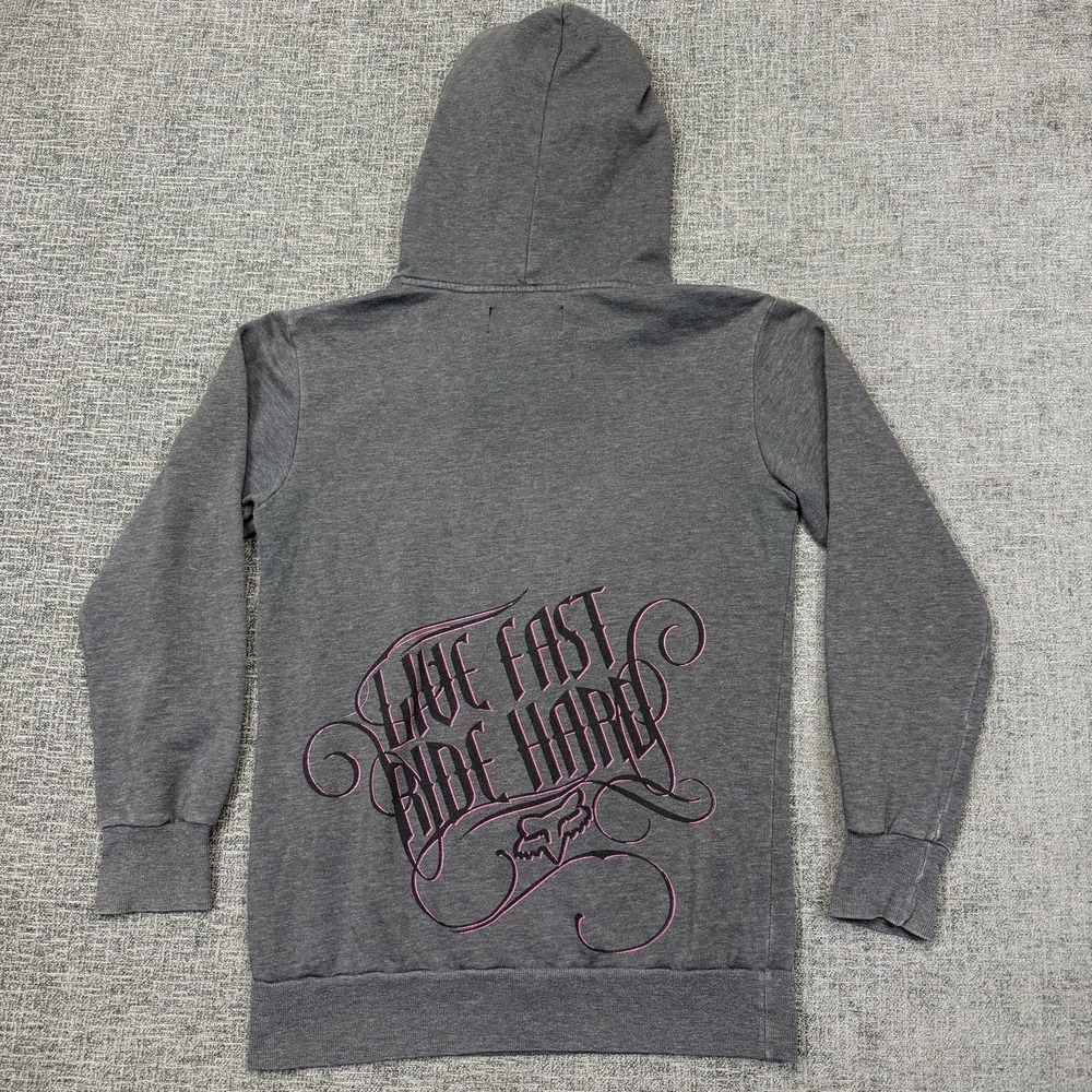 Fox Racing Hoodie Women's Small Gray Pink Sweatshirt Grunge Rock Y2K - Picture 3 of 9